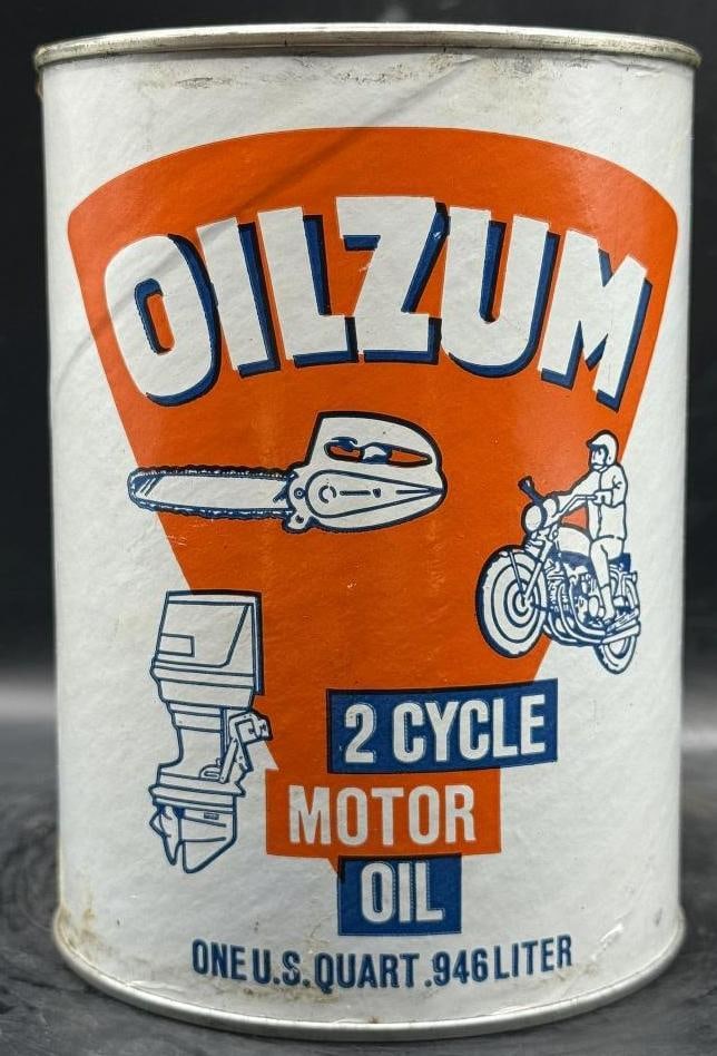 Oilzum 2 Cycle One Quart Oil Can: Composite, full, overall great condition