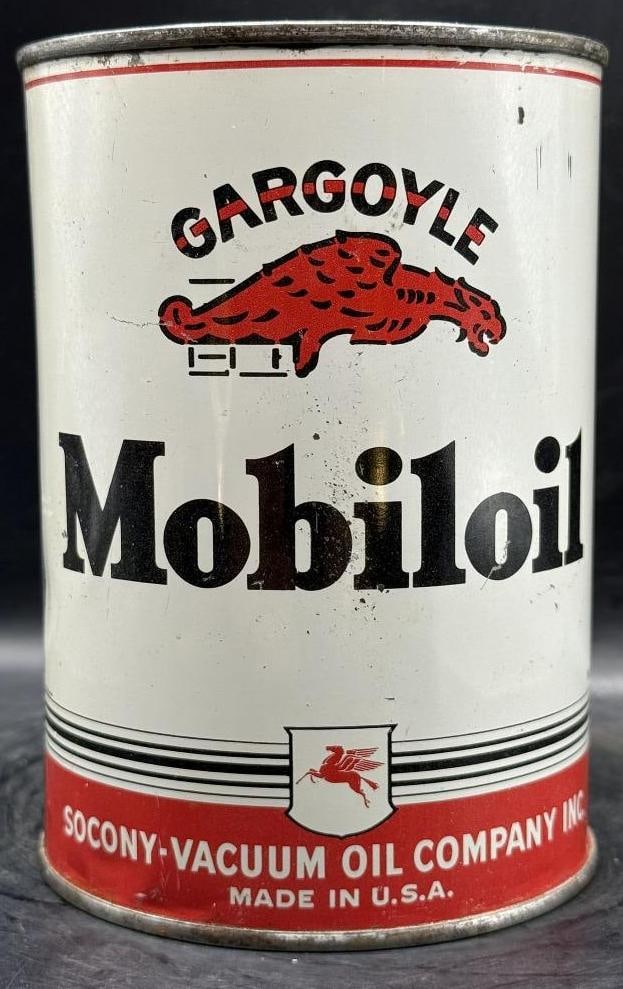 Gargoyle Mobiloil One Quart Oil Can: Metal, empty, overall great condition
