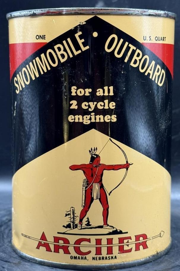 Archer Snowmobile Outboard Oil One Quart Oil Can: Metal, Full, overall great condition