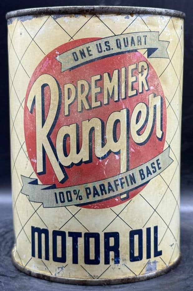 Premier Ranger Motor Oil One Quart Oil Can: Metal, Empty, decent condtion, good color
