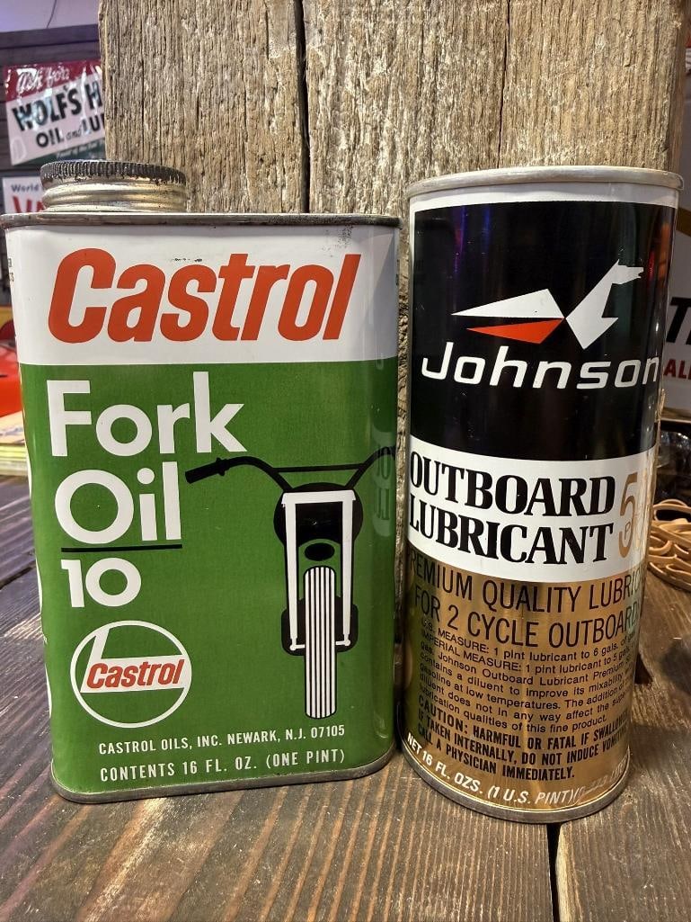 Castrol & Johnson Oil Cans: Both pints, both full
