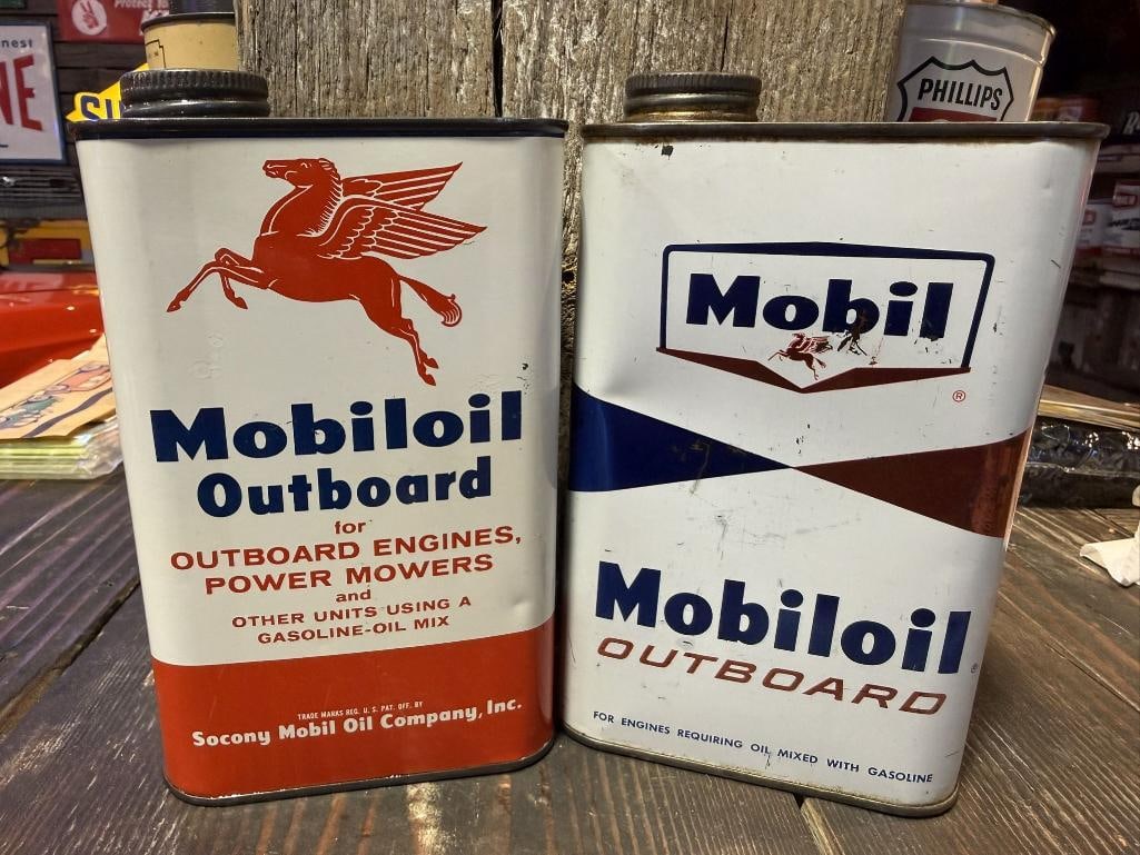 Mobil Outboard Oil Can Pair: Both quarts, both empty