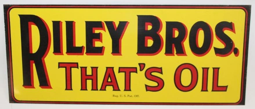 Riley Bros. That's Oil Tin Tacker Advertising Sign: This sign is in excellent overall condition with good color and gloss throughout.This sign measures 13.25" x 5.75" and is graded a 9.