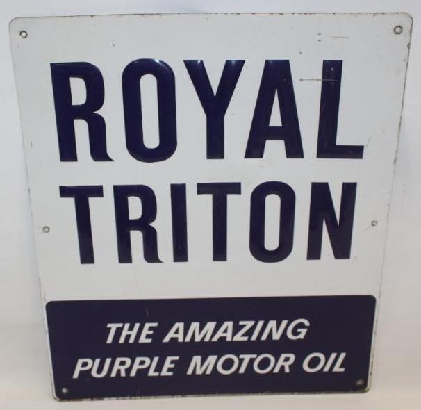 Embossed Royal Triton The Amazing Purple Motor Oil SST Advertising Sign: This sign has good color and gloss with some light surface wear and scratches to the field. There is some rust staining to the lower edge.This sign measures 24" x 28" and is graded an 8.