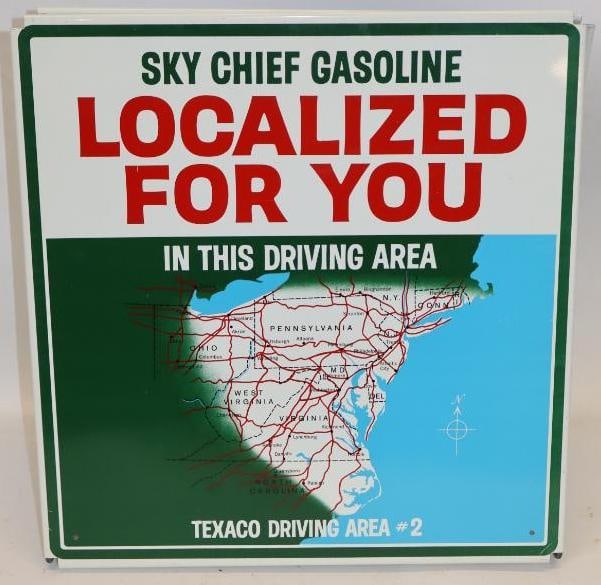 NOS Texaco Sky Chief Gasoline Localized For You Pump Top Sign: This sign measures 15.5" x 7.5" x 16". It is two single sided signs on the original bracket,. Both are in excellent condition and are graded a 9+.