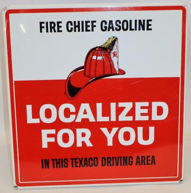NOS Texaco Fire Chief Localized For You Pump Top Sign: This sign measures 15.5" x 7.5" x 16". It is two signs on the original bracket. Both are in excellent condition and are graded a 9+.