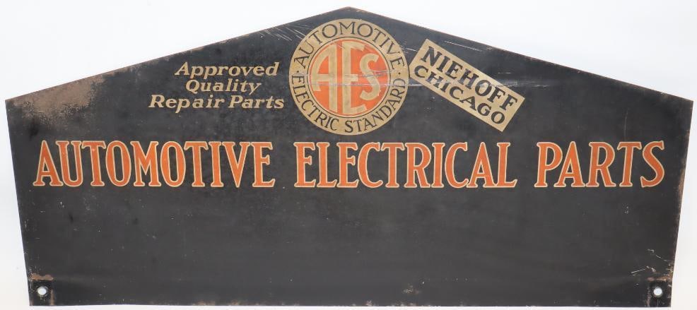 Automotive Electrical Standard SST Advertising Display Rack Sign: This sign shows some light staining and wear throughout. This sign measures 24" x 11.25" and it is graded a 7.5.