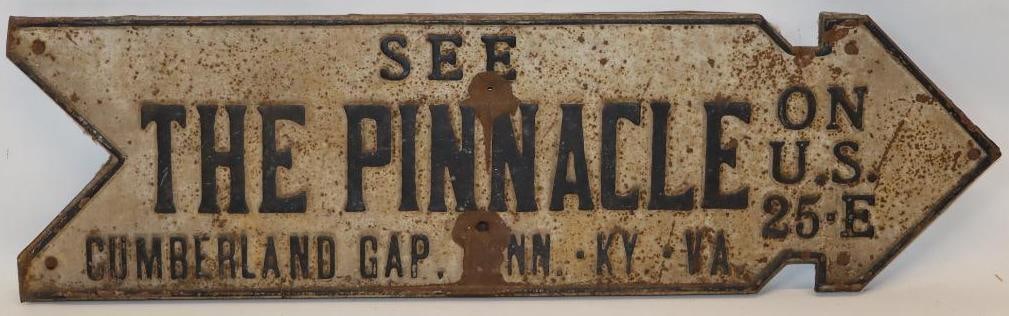 Cumberland Gap See The Pinnacle on US 25E Embossed Arrow Sign with Wood Backing: This sign measures 31.5" x 8.75". It has rust staining and wear throughout with 2 holes added for mounting. It is graded a 7.