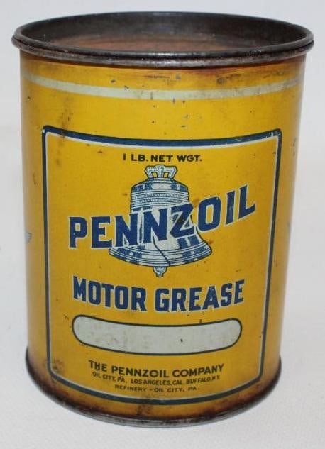 Pennzoil Motor Grease 1lb Can: This is a great early Pennzoil can. It does show some slight staining and discoloration throughout but displays well. It measures 4.25" x 3.5" x 3.5" and is graded 8 & 7.75.