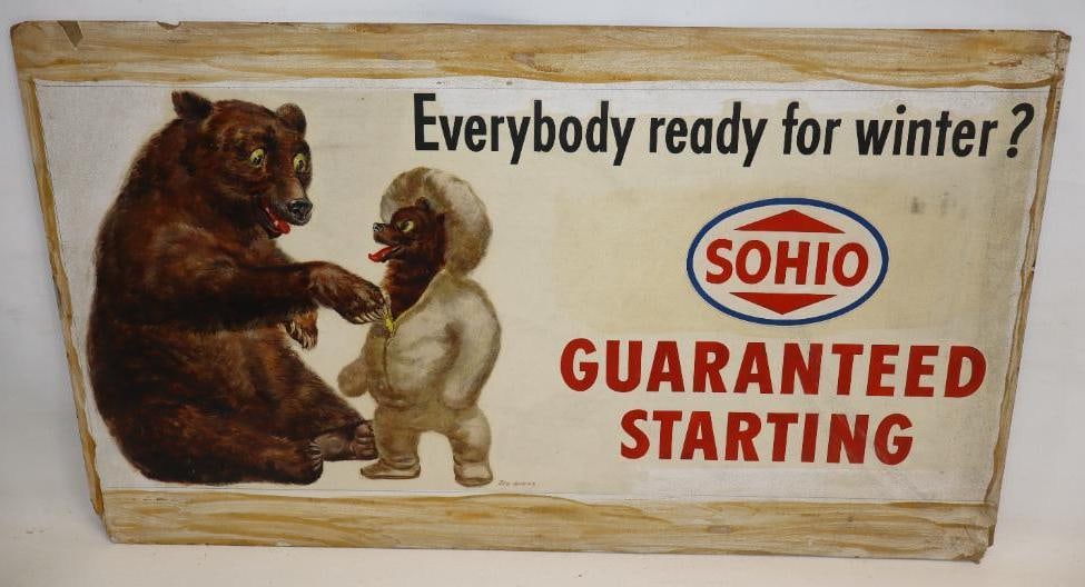Sohio Guaranteed Starting "Everybody Ready for Winter?" with Grizzly Bears Original Ad Artwork: This is signed by Ted Gorka. This artwork is mounted to heavy cardboard and it measures 39" x 22.5".