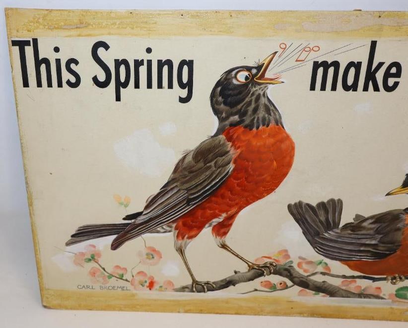 Sohio HQ "This Spring Make Your Engine Sing!" with Oil Can and Perched Robins Orignal Ad Artwork: This is signed by Carl Broemel. This artwork is mounted to heavy cardboard and it measures 37.75" x 18.75".