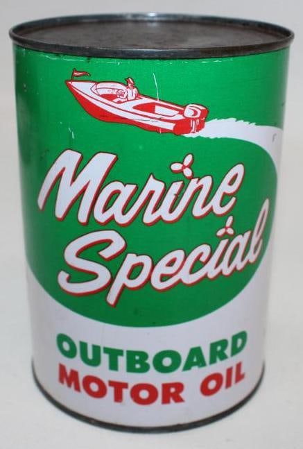 Marine Special Outboard Round Metal 1 Quart Oil Can: This can has good strong colors with only some light surface scratches and wear throughout. It has been drained by two holes in the bottom lid. It is graded 8.75 and it measures 5.5" x 4" x 4".