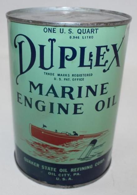 Duplex Marine Round Metal 1 Quart Oil Can: This can has great color and gloss, with only some minor dents along the top and bottom edges. It has been drained by two holes in the bottom lid. It measures 5.5" x 4" x 4" and is graded an 8.9.
