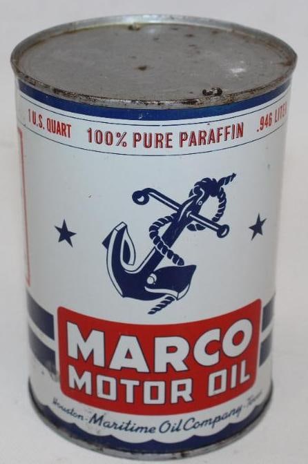 Marco Maritime Round Metal 1 Quart Oil Can: This can displays very well with only some minor wear and scratches to the field of the display side. The reverse has a few small dents and slight staining. It has been drained by two holes in the top