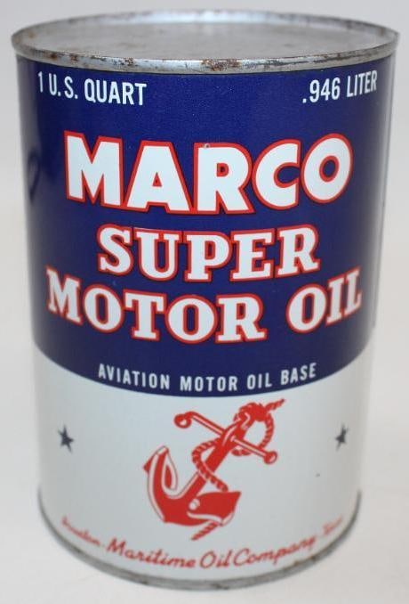 Marco Maritime Super Motor Oil Metal One Quart Oil Can: The display side is in excellent condition, the reverse is also very nice with minor staining. This can remains full. It measures 5.5" x 4" x 4" and is graded 9+ and 8.75.