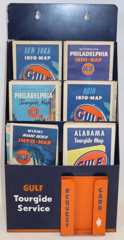 Gulf Touring Service Map Rack Display with Eighteen Maps: The rack shows bright colors colors throughout and has minor wear and scratches. It is graded an 8.5. This display measures 5" x 9" x 18".