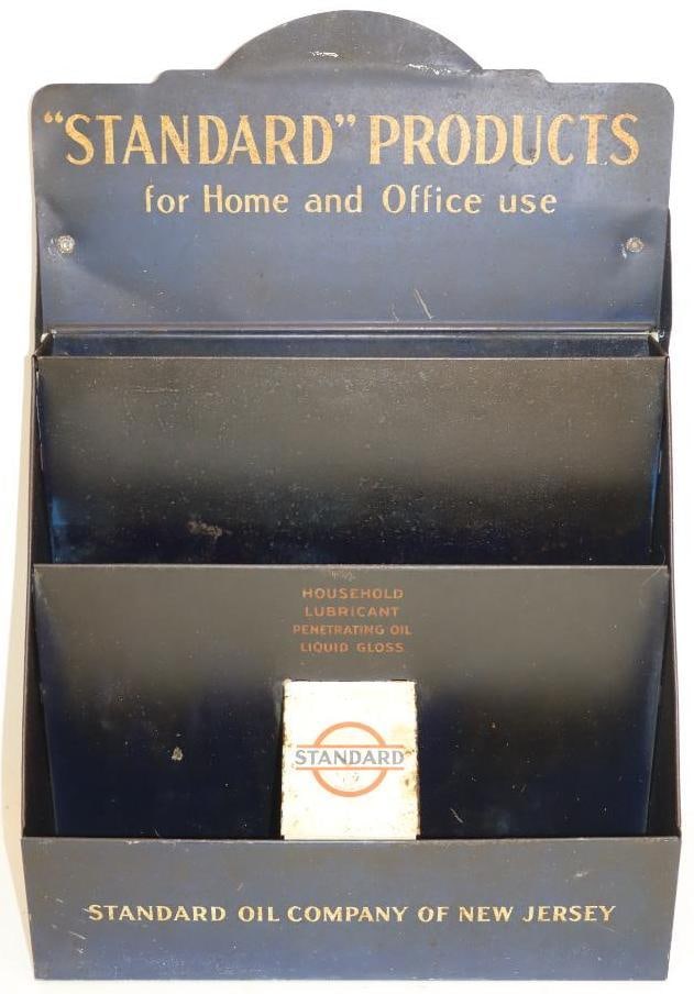 Standard Oil of New Jersey Products for Home and Office Use Advertising Countertop Display: This early display was used for early household products. It shows some slight surface rust and discoloration throughout. This display measures 12" x 6" x 17.5" and is graded 7.5.