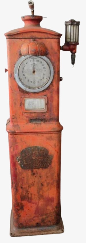 1931 American 277 Clock Face Gas Pump: This gas pump has some surface rust, and a period station repaint. It also retains the original visi-gauge and has a good glass cylinder. The panels remain straight and solid. It retains its original 
