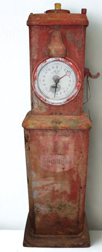 Martin and Schwartz 129 Clock Face Gas Pump: This pump has excellent patina original paint with remnants of Mobilgas pump decals. It also retains the original visi-gauge and has a good glass cylinder. The panels remain straight and solid. It ret
