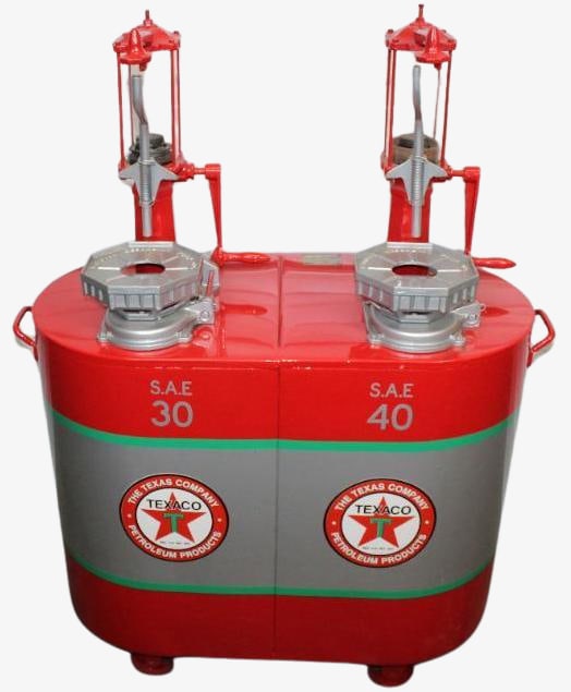 Professionally Restored National Two Cylinder Lubester Pump: This lubester has been professionally restored to match one of a Texaco service station. It is in very nice shape overall with a few chips along the edges. The cylinders are both new acrylic. This lub