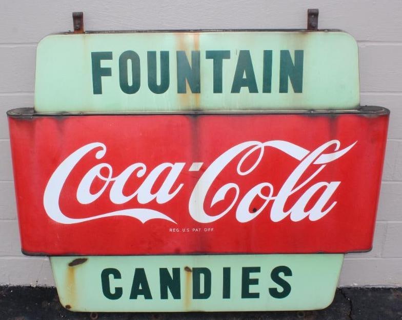 Coca-Cola Fountain and Candies Soda Parlor DSP Porcelain Advertising Sign: This is a desirable six piece porcelain sign with frame work. It is complete with all panels and hangers. The porcelain panels show some slight discoloration and staining throughout with a few chips t
