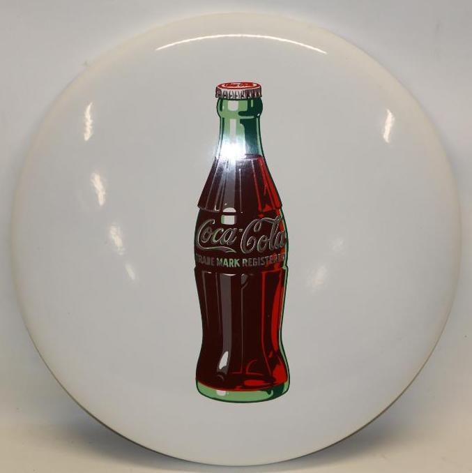 Graphic Porcelain Coca-Cola Bottle Button Sign: This sign measures 24" x 24" x 2". It is in excellent overall condition with great color and gloss, with no chips. It is graded a 9.5.