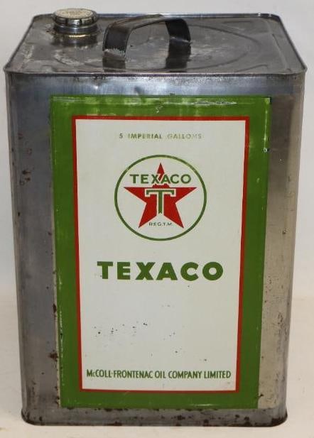 McColl-Frontenac Texaco "Red Star and Green T's" Square Five Imperial Gallon Oil Can: This can is in very good overall condiditon with just some light scratches and wear throughout the field. This can measures 10.5" x 10.5" x 13.75". It is graded an 8.25.