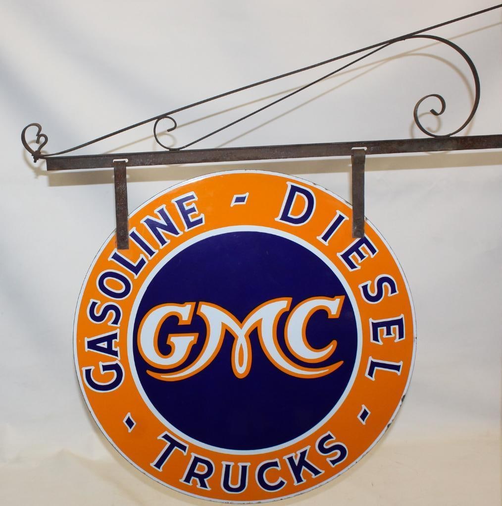 Rare GMC Diesel Trucks Dealership Thirty Inch DSP Porcelain Advertising Sign with Original Hanging: Don't miss this opportunity to add the difficult to find Diesel version GMC Trucks sign to your collection. This sign was recently discovered as NOS from a Midwest Dealership. It is likely the best ex