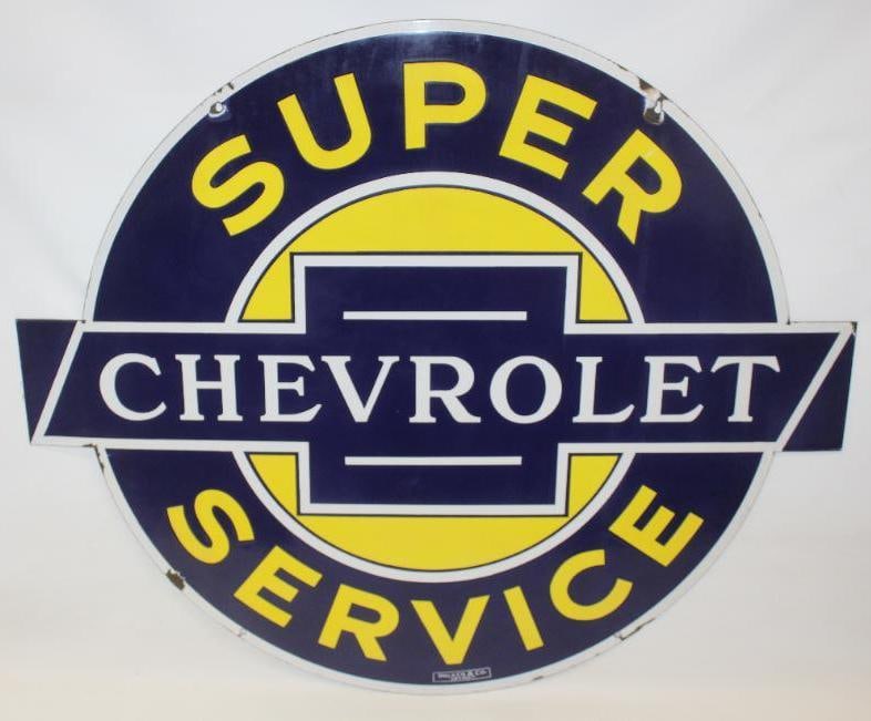 Chevrolet Super Service DSP Porcelain Advertising Sign with Black Tips: This is the difficult to find and desirable version with black tips and serif styled Chevrolet lettering. The display side of this sign shows excellent color and gloss throughout with a very clean fie