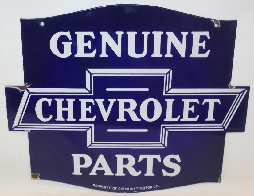 Chevrolet Genuine Parts DSP Porcelain Advertising Dealership Sign: Both sides of this sign show excellent color and gloss with some minor chips along the perimeter. The reverse side shows one chip in the R in parts, but overall displays excellent. This sign measures 