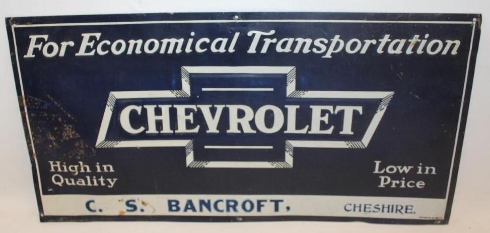 Chevrolet Dealership Embossed Tin Tacker "For Economical Transport" Advertising Sign: This tin tacker is for the C. S. Bancroft dealership. This sign is marked Stout Sign Co. St. Louis. It displays very well with some light surface scratches throughout the field. There is also some rus
