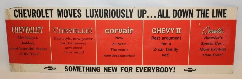 1966 Chevrolet "Moves Luxuriously Up" Masonite Advertising Dealership Sign: This unique masonite dealership sign advertises Chevrolets product lines from 1966. It includes Chevelle, Corvette, Chevy II, and Corvair. The masonite does show some areas of minor cracking, as well 