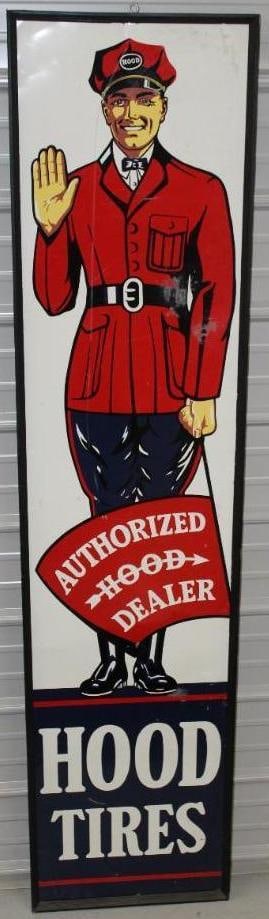 Iconic Hood Tires Authorized Dealer Graphic SST Advertising Sign with Wood Frame: This sign has great color and gloss throughout. There is some slight surface wear thoughout the field as well as a couple areas of rust staining. This is an extremely difficult to find signs in this c