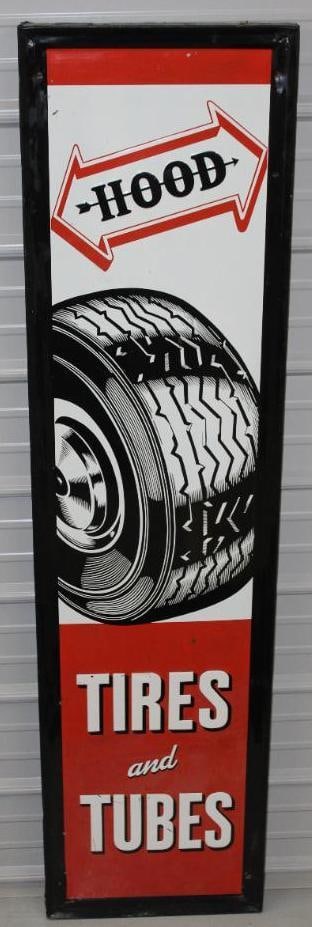 Hood Tires and Tubes Self Framed Embossed SST Advertising Sign with Wood Backing: This sign has a detailed tire graphic in the center of the field. It has great color and gloss with only minor discoloration near the bottom. There are small touch ups along the black perimeter, and h