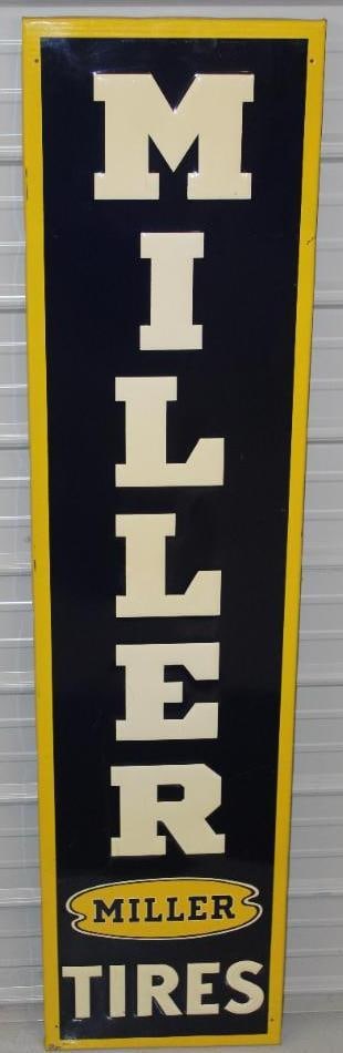 Miller Tires Embossed Vertical SST Advertising Sign with Wood Backing: This sign has great color and gloss with light surface scratches to the field. It displays great overall and has likely never been displayed outdoors. This sign measures 17.75" x 72". It is graded an 