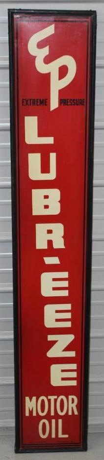 EP Extreme Pressure Lubr-Eeze Motor Oil Framed Vertical SST Sign: This is an excellent wood framed vertical motor oil sign. It has good color throughout and only minor wear. The top wooden frame piece has been replaced. The other three sides of the frame remain all 