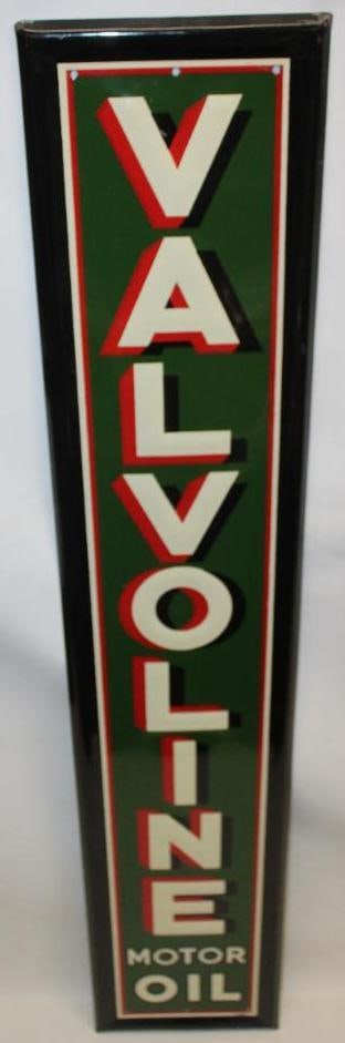 Valvoline Motor Oil Vertical Self Framed SST Sign: This sign is in excellent overall condition with fantastic color and gloss. It has only minor wear to the self framed edge. This sign is marked F-3985-A. This sign measures 12" x 60". It is graded a 9