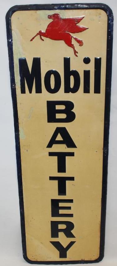 Embossed Mobil Battery Self Framed SST Advertising Sign: This sign shows staining and discoloration throughout the white areas. It also has areas of touch up to the left side of the field as well as the top by the Pegasus. This sign is marked G-80. This sig