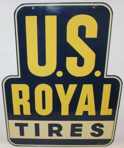 US Royal Tires Double Sided Sign: This is a double sided painted metal US Royal Tires sign marked American Artworks 4-49. Both sides display very well with only fine surface scratches to the field and minor surface wear. The measureme