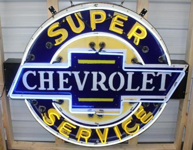 Rare Chevrolet Super Service Neon and Milk Glass Light Up SSP Porcelain Dealership Advertising Sign: This is a very impressive and tough to find Chevrolet neon sign with milk glass letters. It is also the desirable version with black tips. There are some minor chips along the perimeter of the letters
