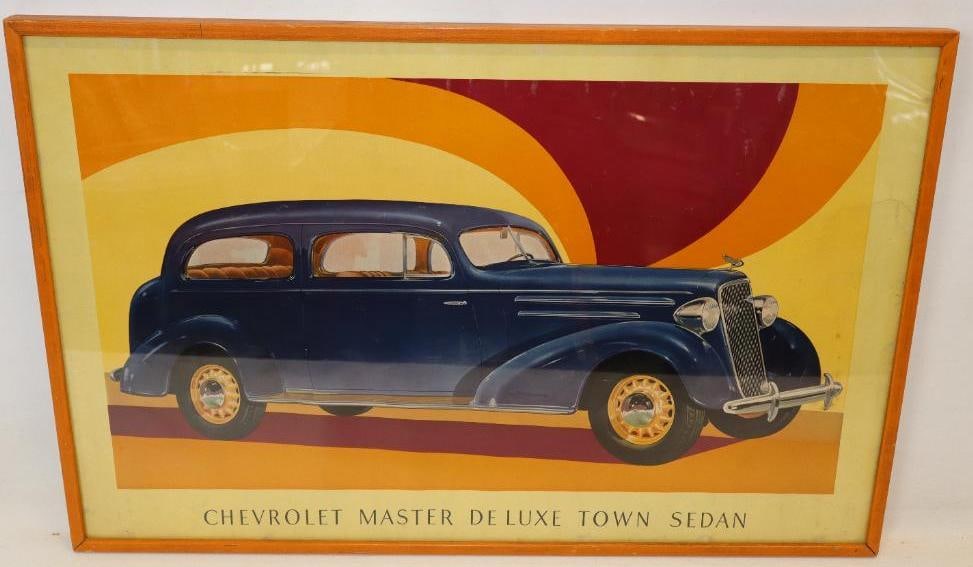 1936 Chevrolet Master Deluxe Town Sedan Dealership Poster: This framed poster shows great color throughout with large deatailed automobile graphics. It does show some minor creasing throughout. It measures 22.5" x 25"