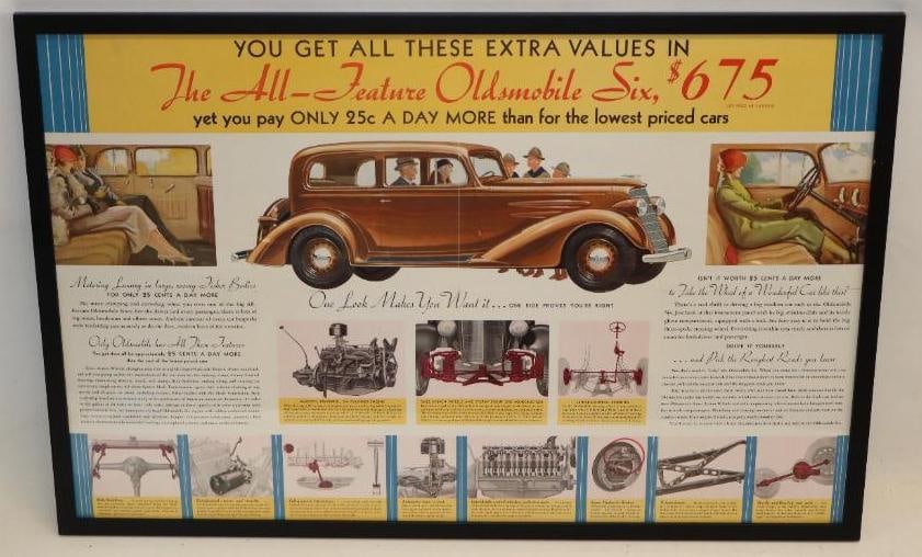 1935 Oldsmobile Six Advertising Dealership Poster: This framed poster has great graphics. It details many differernt features of the 1935 Oldsmobile. It measures 23" x 35"