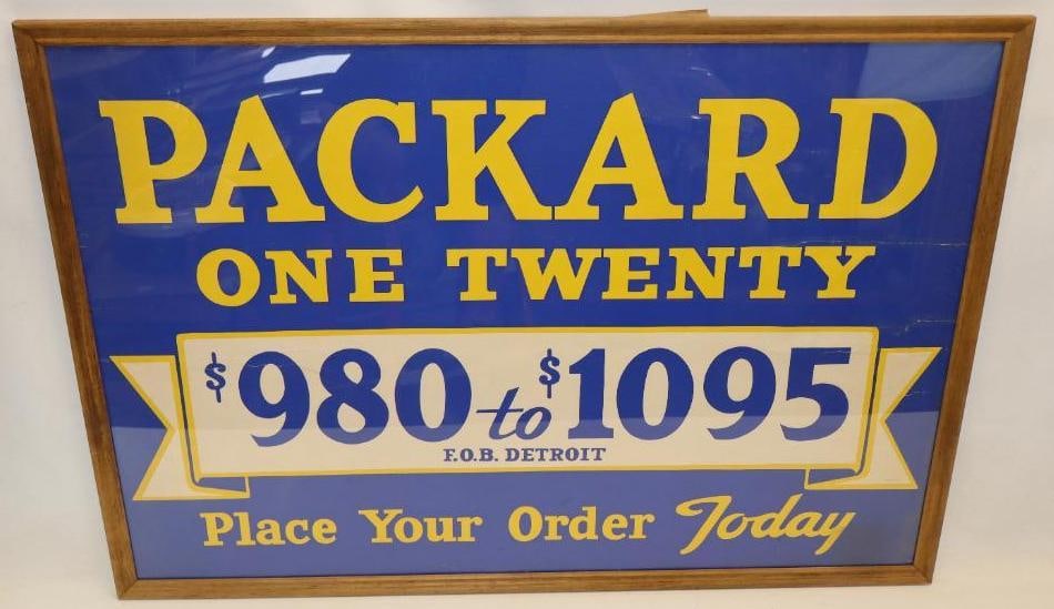 1935 Packard One Twenty Advertising Dealership Poster: This framed poster shows vibrant colors throughout. There is some slight creasing, and tears near the left side. This poster measures 60" x 42".