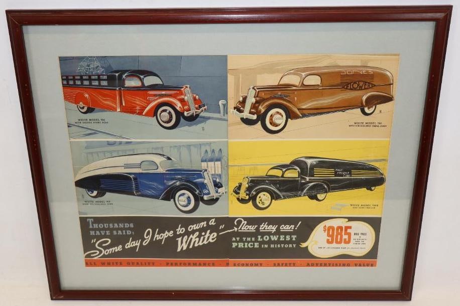 1937 White Commercial Trucks Dealership Advertising Poster: This framed poster shows great color throughout, and displays several different body styles of White commercial trucks. It measures 21.5" x 27.5"