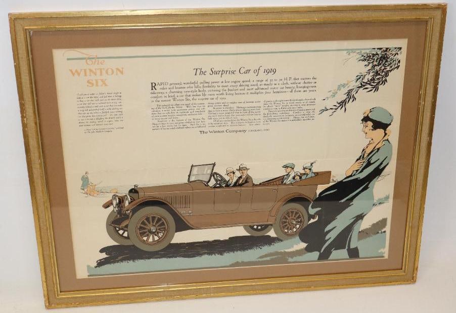 1919 Winton Six Advertising Dealership Poster: This framed poster shows great early automobile graphics. It has some slight creasing from the original shipment. It measures 19.5" x 26".
