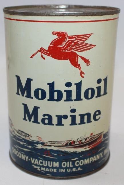 Graphic Mobil Marine Metal One Quart Oil Can: This is a very difficult to find Mobil Marine 1 Quart can, with very detailed boating graphics around the entire can. This example displays very nicely with only some minor surface wear and slight dis