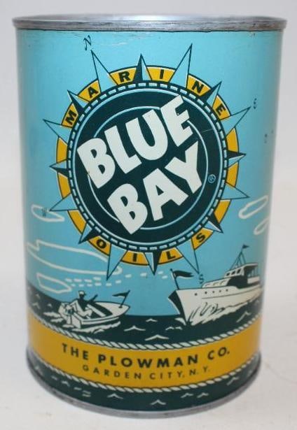 Blue Bay Marine Metal One Quart Oil Can: This can shows great graphics throughout. The display side is in excellent condition with only minor wear, the reverse displays very well also but does have some slight discoloration. There are two sm