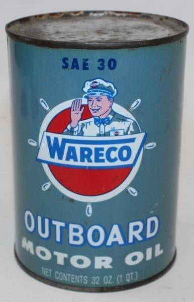 Wareco Outboard Round Metal 1 Quart Oil Can: This can is in very good contition overall with only a few areas of minor wear. It measures 5.5" x 4" x 4",is graded 8.9, and remains full.
