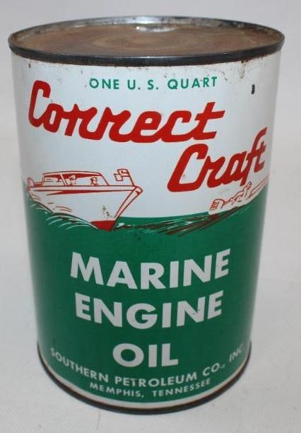 Correct Craft Marine Round Metal 1 Quart Oil Can: This can has good color and gloss throughout with only some minor wear to each side. It has been drained by two holes in the top lid. It measures 5.5" x 4" x 4" and it is graded 8.9 and 8.75.