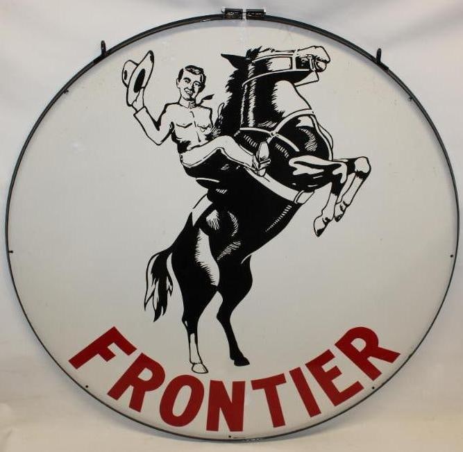 Iconic Frontier Gas & Oil Service Station Double Sided Porcelain 5 Ft Identification Sign: This sign has amazing detailed horse and rider graphics on each side. This is one of the toughest to find versions of Frontier signs and is one of the nicest known examples of this version. There are 